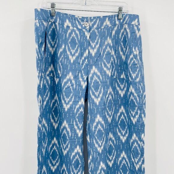 Chico's Size Medium 12 Blue & White Ikat Print Linen Wide Leg Pants - Picture 3 of 9